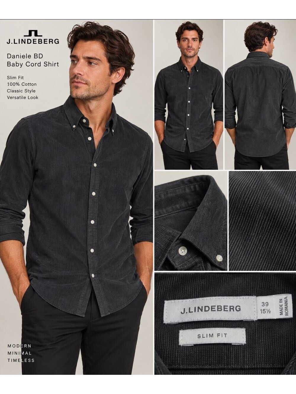 J.Lindeberg Daniele Baby Cord Shirt Men’s M 39 15.5 Black Slim Fit Corduroy